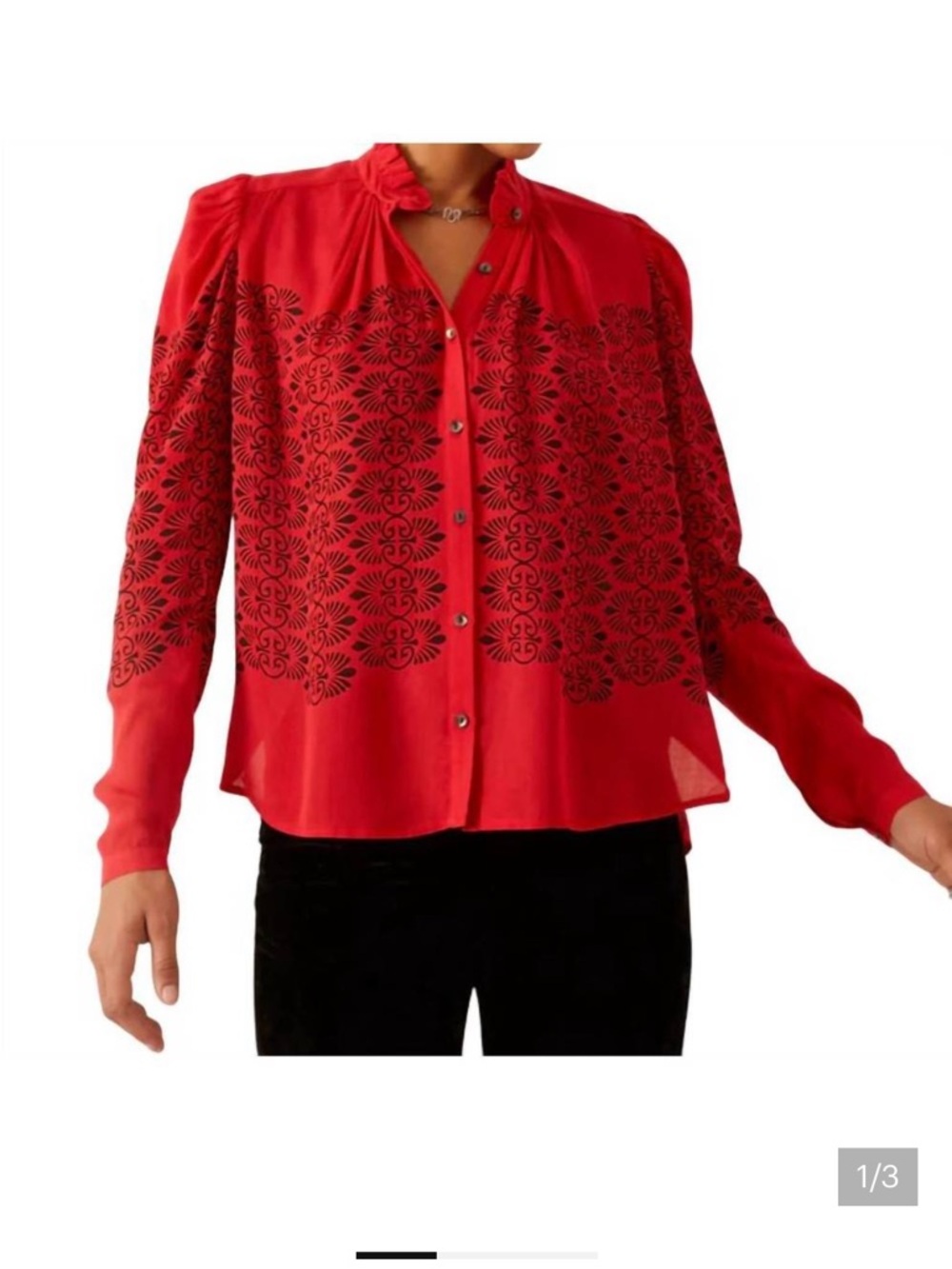 ALIX OF BOHEMIA Artemis Trellis Shirt Red Cherry Button Ruffle Designer Top Med - Picture 4 of 15
